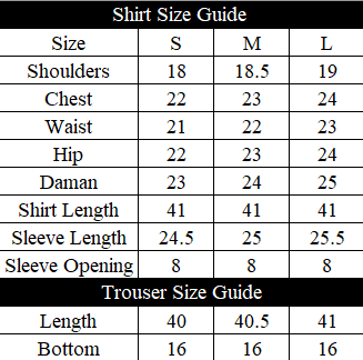 Aariz Size Chart