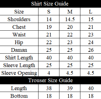Bagh Size Chart