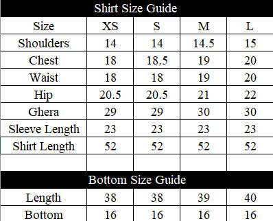 Rang-e-Kuhan Size Chart