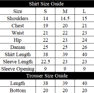 Ghazal Size Chart