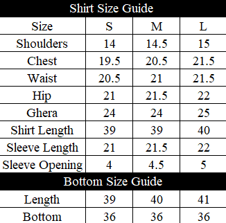 Mahi - e - Gul Size Chart