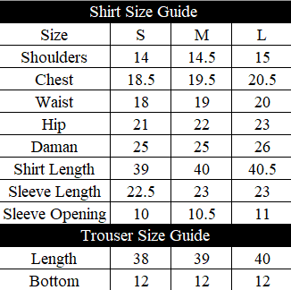 Parisa Size Chart