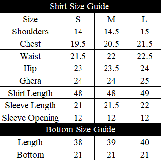 Sehar Size Chart