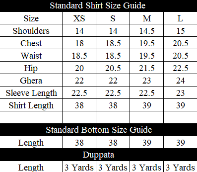 Raushan Ara Size Chart